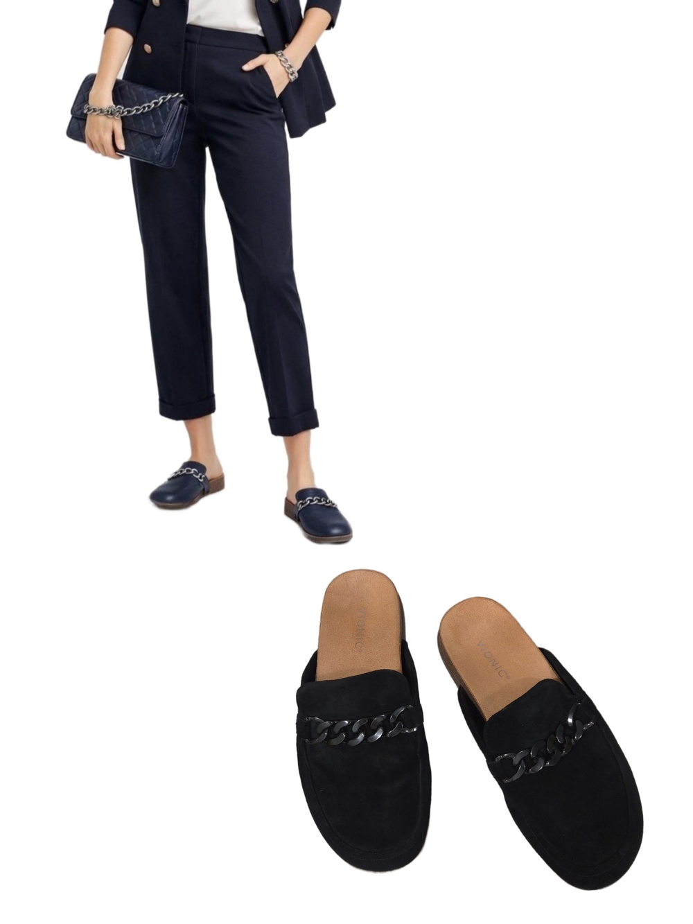 VIONIC "Georgie" Suede Built-In Orthotic with Statement Gunmetal Chain  Mules